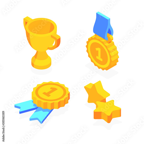 Golden trophy cup, five-pointed gold star, gold medal with ribbon. Flat 3d vector isometric illustration isolated on white background.