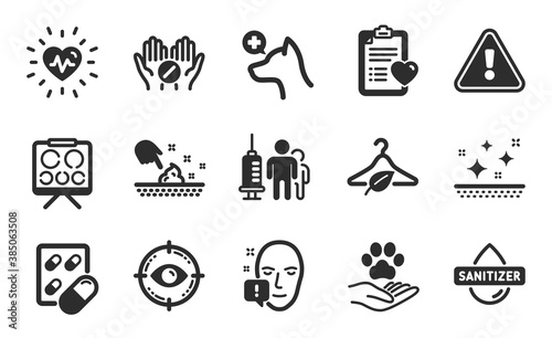 Slow fashion, Vision board and Face attention icons simple set. Eye target, Hand sanitizer and Capsule pill signs. Pets care, Medical tablet and Veterinary clinic symbols. Flat icons set. Vector