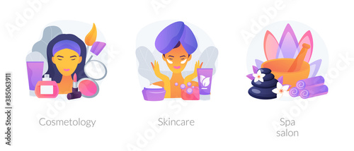 Beauty treatment abstract concept vector illustration set. Cosmetology and skincare  spa salon  anti age therapy  body care  wellness and relax massage  face natural cosmetic abstract metaphor.