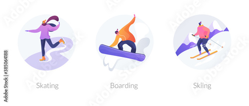 Winter sports abstract concept vector illustration set. Skating, boarding and skiing, outdoor ice rink, snowboard mountain slope, holiday resort, extreme sports, freestyle rider abstract metaphor.
