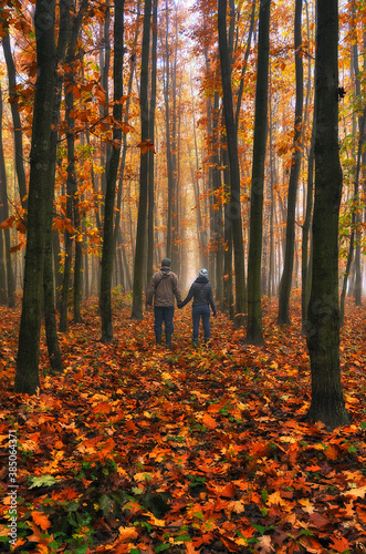 couple walking in fantasy autumn forest. Silhouette of woman and man in a dark and foggy forest