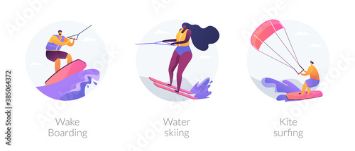 Water sport abstract concept vector illustration set. Wakeboarding, water skiing and kitesurfing, active lifestyle, ski jump, summer adventure, extreme sport, boat cable, parachute abstract metaphor.