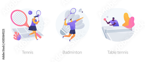 Racket sport abstract concept vector illustration set. Tennis and badminton, table tennis, professional player, club training, ping pong game, professional player, sportswear abstract metaphor.