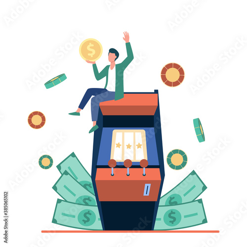 Excited tiny man enjoying victory in slot machine illustration. Fortune or gambling concept can be used for presentations, banner, website design, landing web page