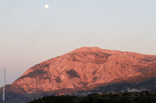 Panoramic view of the bay of Marathokampos on the Greek Aegean island of Samos with the Kerkis mountain range in the background.