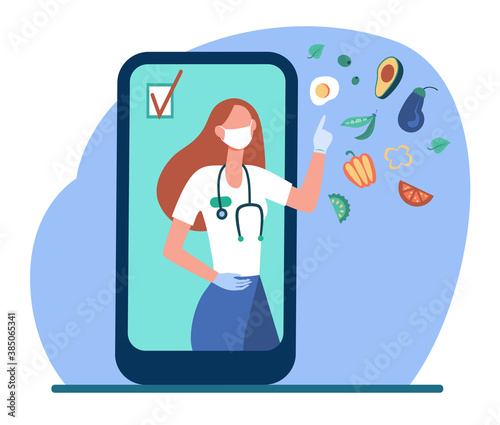 Doctor consulting about diet via mobile app. Woman, phone, fruit, vegetable. Health and keeping diet concept can be used for presentations, banner, website design, landing web page