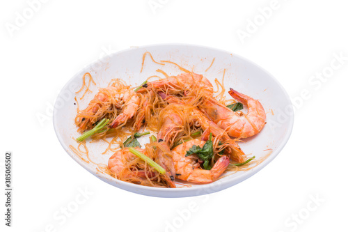 Food scraps and shrimp on the plate On a white background with Clipping Path.