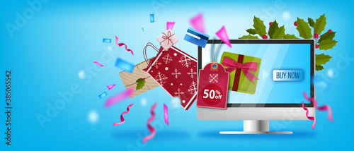 Christmas sale offer background with computer screen, presents, bag, payment card, confetti. Holiday winter discount online shopping banner with gift boxes, holly branches. Christmas sale illustration