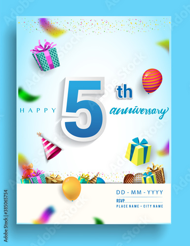 5th Years Anniversary invitation Design, with gift box and balloons, ribbon, Colorful Vector template elements for birthday celebration party.