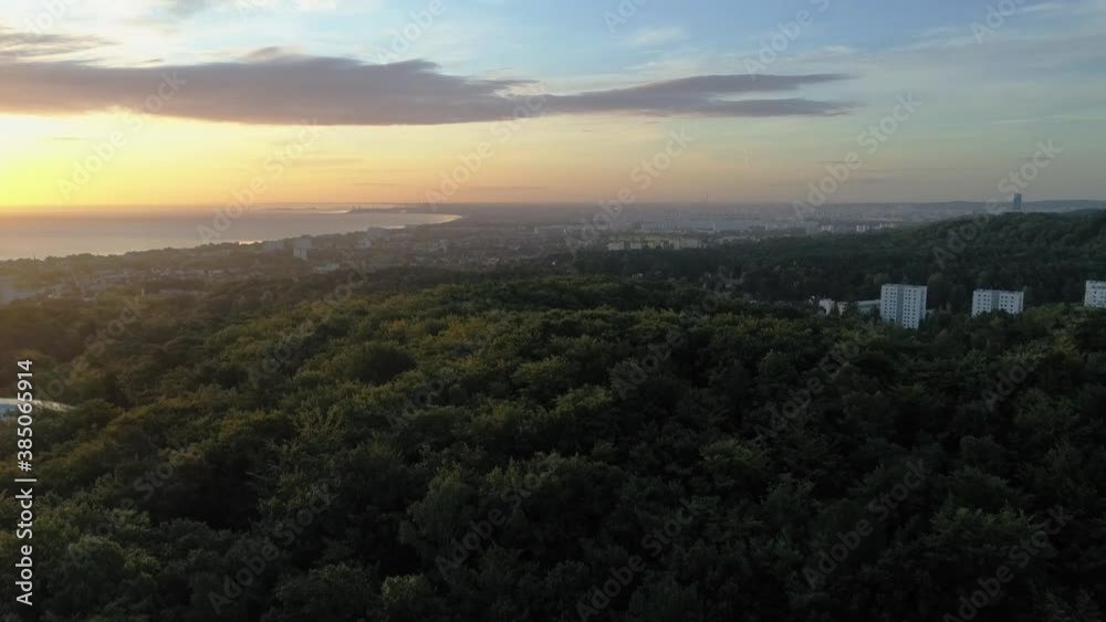Aerial View Of The Forest Opera, in Sopot, Poland Surrounded By Green Trees During Sunset - Aerial Shot Aerial View Of The Forest Opera, in Sopot, Poland Surrounded By Green Trees During Sunset - Aerial Shot