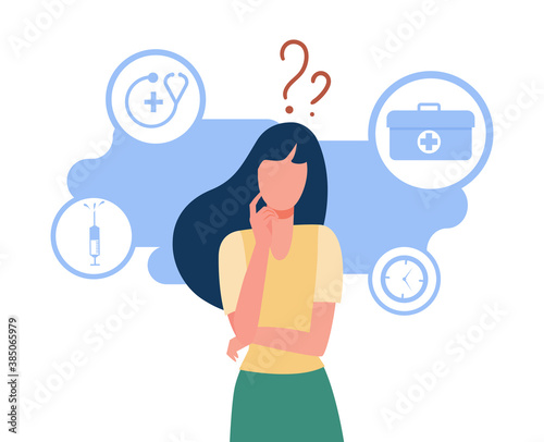 Woman worrying about her health. First aid kit, syringe, endoscope. Flat vector illustration. Health concept can be used for presentations, banner, website design, landing web page