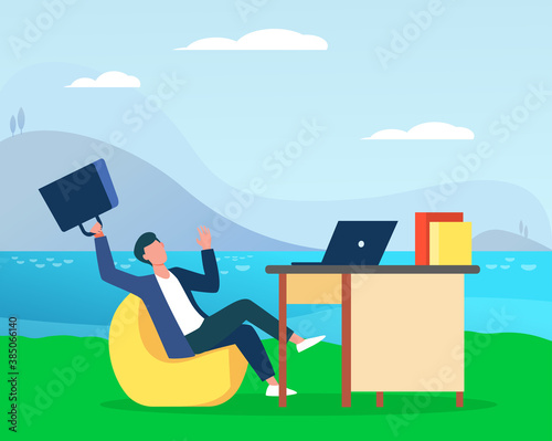 Man winning prize online flat vector illustration. Cyberspace, winner, victory, mobile app. Competition or success concept can be used for presentations, banner, website design, landing page