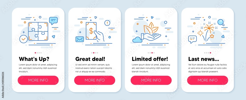 Set of Business icons, such as Organic product, Puzzle, Receive money symbols. Mobile screen banners. Fireworks line icons. Leaf, Engineering strategy, Cash payment. Pyrotechnic salute. Vector