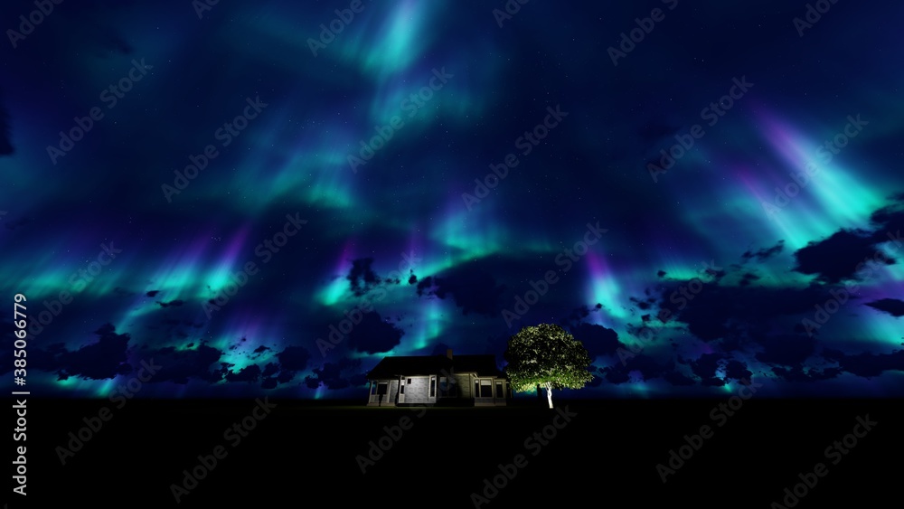 Obraz premium northern lights, Planet Earth, nebula and stars in night sky web banner. Space background. 3D rendering. Tree besides a house