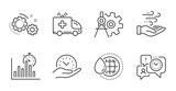 Report timer, Safe time and Wind energy line icons set. Cogwheel dividers, World water and Ambulance car signs. Time management, Gears symbols. Growth chart, Management, Breeze power. Vector