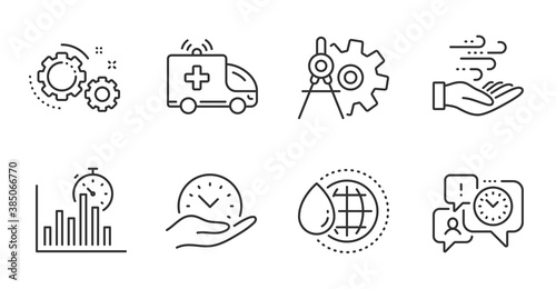 Report timer, Safe time and Wind energy line icons set. Cogwheel dividers, World water and Ambulance car signs. Time management, Gears symbols. Growth chart, Management, Breeze power. Vector