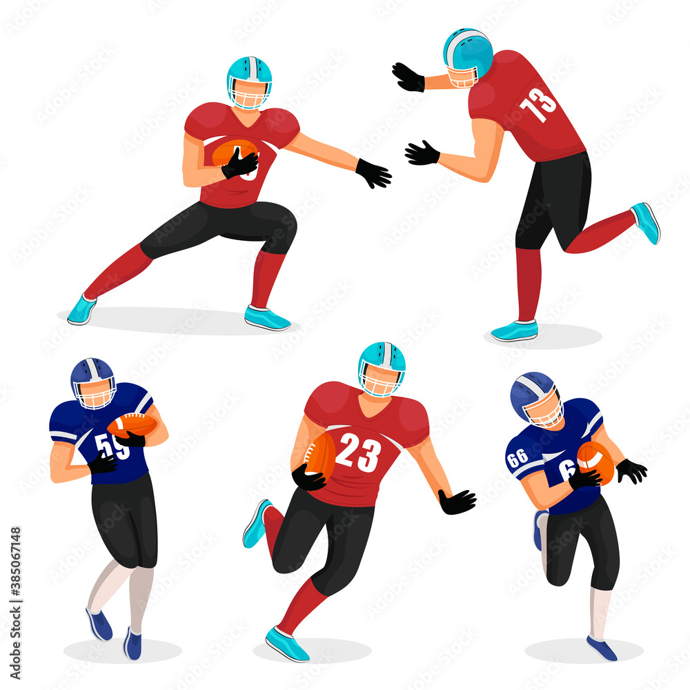 Collection of gridiron players. Set of isolated characters playing american football in teams. Male personage running with ball, making maneuvers and tossing it. Activities or hobbies vector