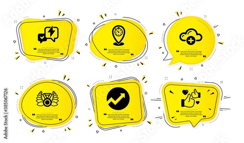 Laureate medal, Lightning bolt and Timer icons simple set. Yellow speech bubbles with dotwork effect. Cloud computing, Audit and Like signs. Laurel wreath, Messenger, Location pointer. Vector
