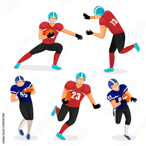 Collection of gridiron players. Set of isolated characters playing american football in teams. Male personage running with ball, making maneuvers and tossing it. Activities or hobbies vector
