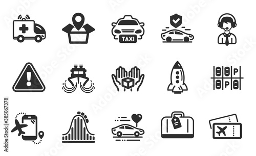 Package location, Ship and Ambulance car icons simple set. Rocket, Flights application and Honeymoon travel signs. Parking place, Hold box and Transport insurance symbols. Flat icons set. Vector