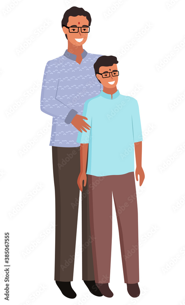 Father and son vector, isolated man with kid wearing glasses flat style characters. Male in simple clothes sweater and trousers, teenager and adult