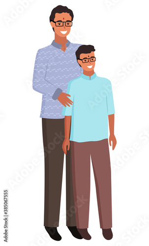 Father and son vector, isolated man with kid wearing glasses flat style characters. Male in simple clothes sweater and trousers, teenager and adult