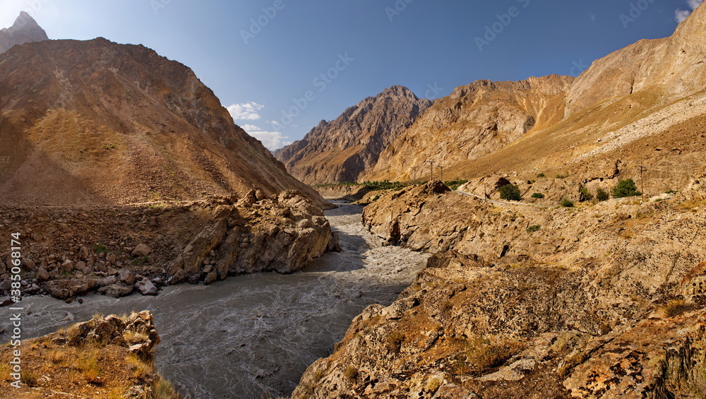 Central Asia. Tajikistan. View from the right Bank of the border river Panj to the left Bank belonging to Afghanistan.