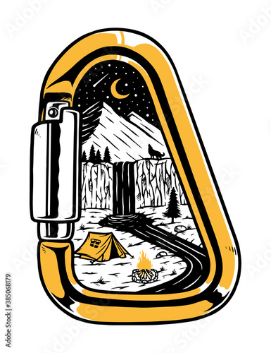 Views of mountains and waterfalls in a carabiner illustration