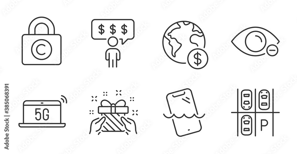 Gift, Myopia and Copyright locker line icons set. Smartphone waterproof, Global business and Employee benefits signs. Parking place, 5g notebook symbols. Quality line icons. Gift badge. Vector