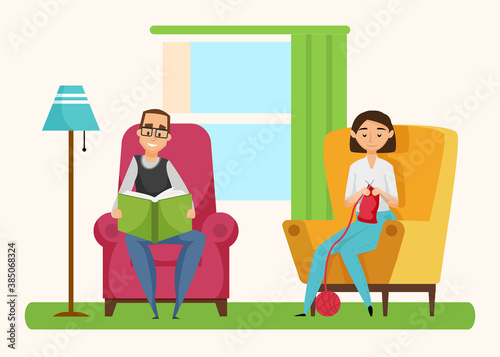 Family leisure together, man reading book, woman knitting, cat sitting on chair, window and house-plant decoration. Hobby of husband and wife vector