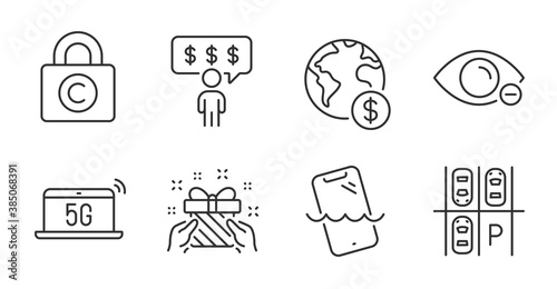 Gift, Myopia and Copyright locker line icons set. Smartphone waterproof, Global business and Employee benefits signs. Parking place, 5g notebook symbols. Quality line icons. Gift badge. Vector