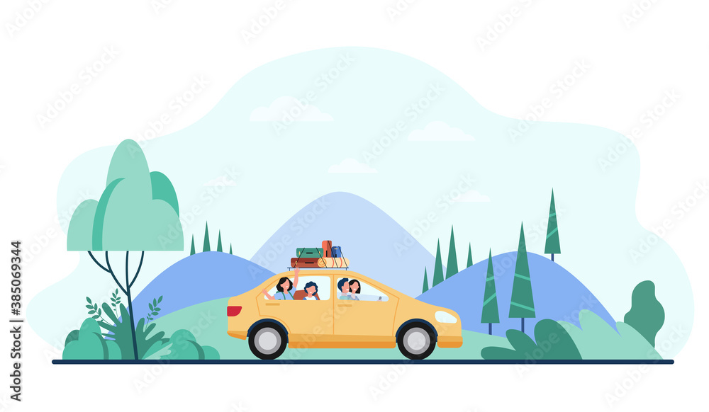 Happy family travelling by car with camping equipment on top. Parents and kids riding down country road by mountain landscape. Vector illustration for adventure, trip, vacation concept