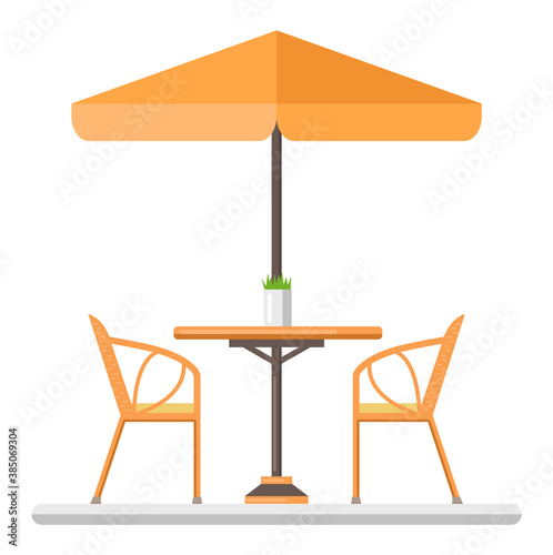 Outdoor cafes. Table and wicker chairs under an umbrella. Isolated on white background. Flat design. Vector illustration.