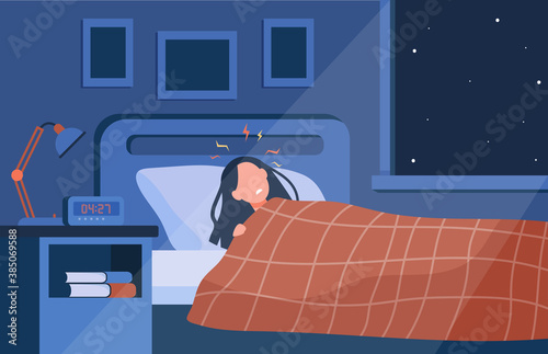 Depressed sleepless woman lying in bed at night. Person suffering from sleep disorder, insomnia or fever . Vector illustration for fatigue, stress, nervous breakdown symptoms concept