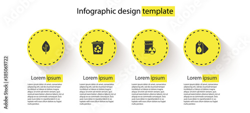 Set Tree, Recycle bin with recycle, Radioactive waste barrel and Tag leaf. Business infographic template. Vector.
