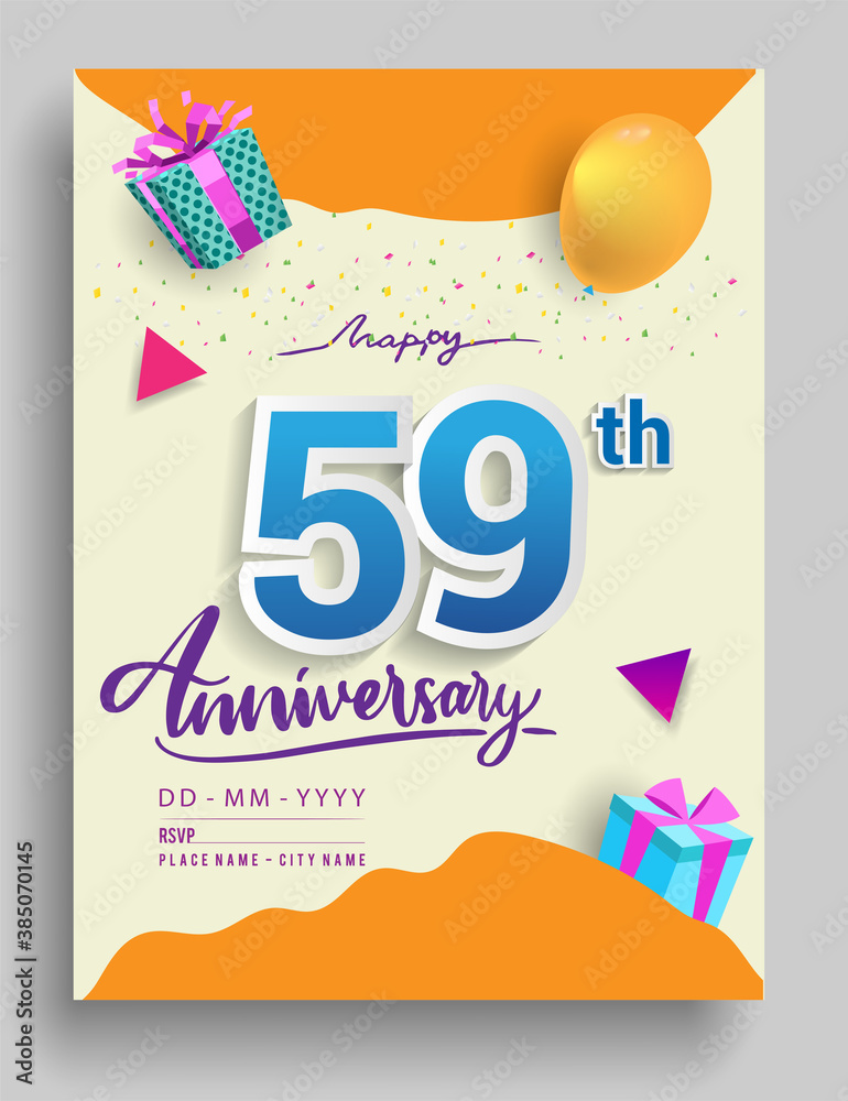 Obraz premium 59th Years Anniversary invitation Design, with gift box and balloons, ribbon, Colorful Vector template elements for birthday celebration party.