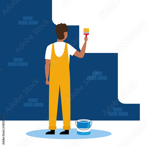 painter man with brush and bucket design of remodeling construction working and repairing theme Vector illustration