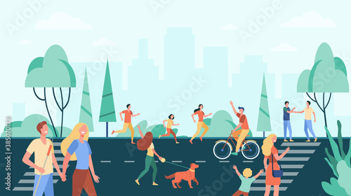 Crowd of people practicing activities and enjoying leisure on street near city park. Man, woman, kind walking dog, cycling, jogging. Vector illustration for active lifestyle, sport, town concept