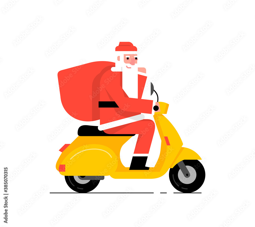 Santa Claus driving scooter. Flat Style. isolated on white background Santa Claus driving scooter. Flat Style. isolated on white background