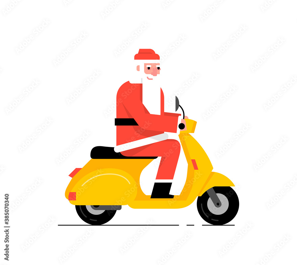 Santa Claus driving scooter. Flat Style. isolated on white background