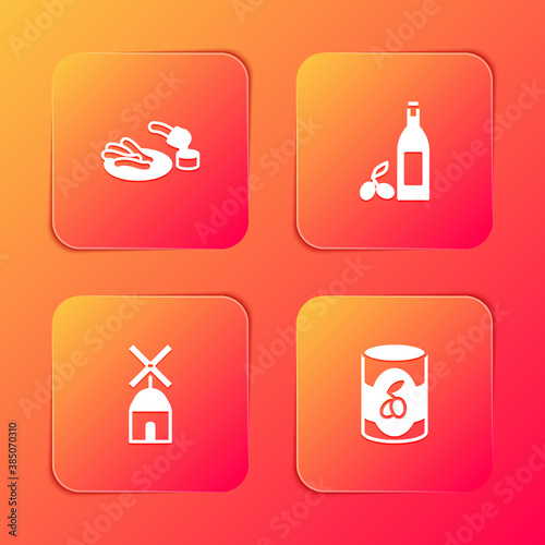 Set Churros and chocolate, Bottle of olive oil, Windmill and Olives can icon. Vector.