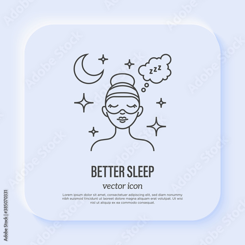 Better sleep: young woman sleeping in eye mask. Thin line icon. Relaxation, control streem medical recommendation for wellness. Vector illustration.
