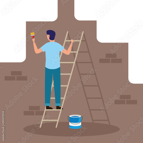 painter man with brush and bucket on ladder design of remodeling construction working and repairing theme Vector illustration