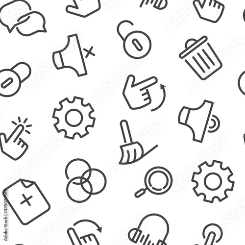 Seamless pattern with thin line icons for mobile app. Messenger, sound off, sound on, music, lock, unlock, settings, remove, swipe, click, tap, search, add new document. Vector illustration.