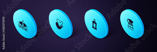 Set Isometric Sangria pitcher, Orujo, Spanish wineskin and Crown of spain icon. Vector.
