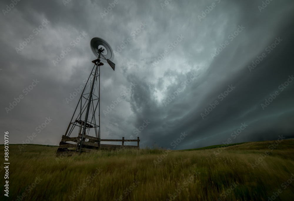 Abandoned Windmill in a Prairie Storm
