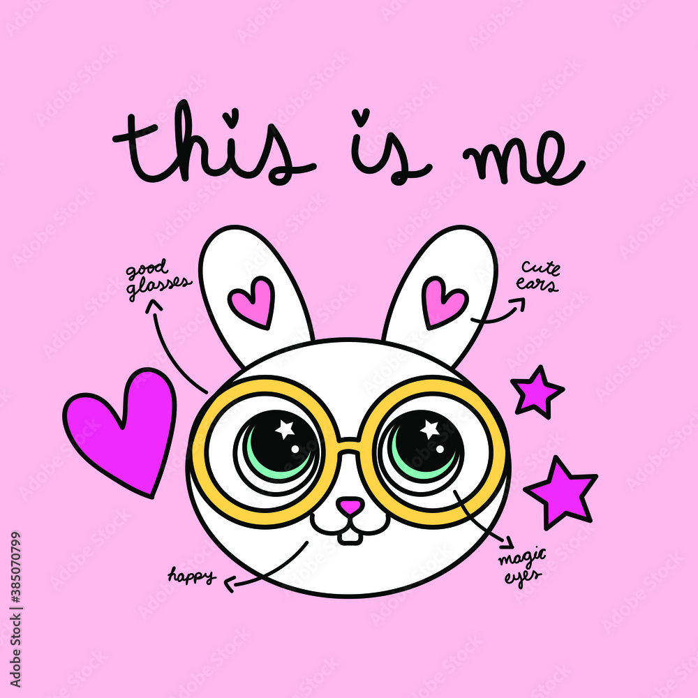 VECTOR ILLUSTRATION OF A CUTE RABBIT WITH GLASSES, SLOGAN PRINT