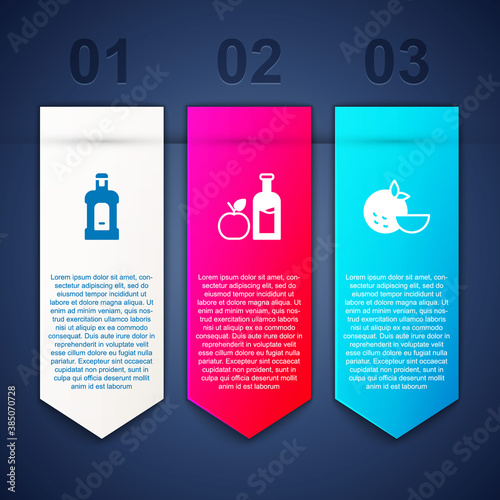 Set Orujo, Apple cider bottle and Orange fruit. Business infographic template. Vector.