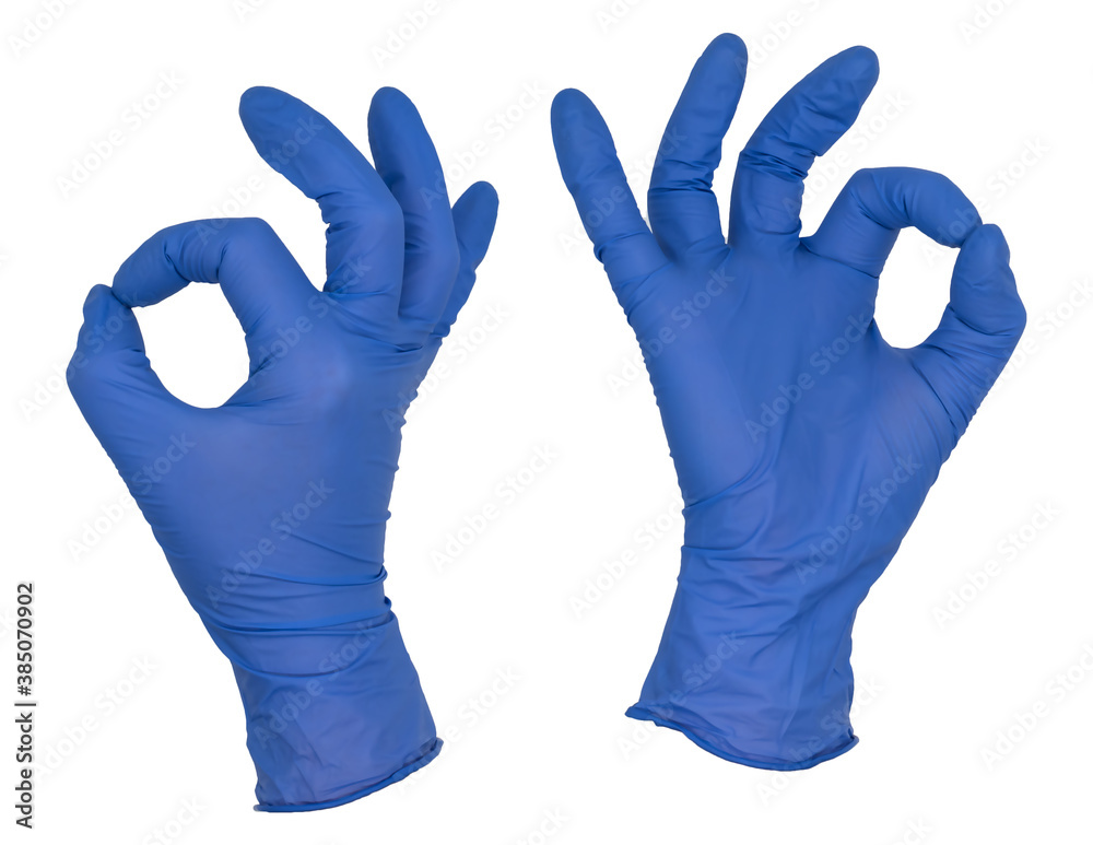 Hand wearing blue nitrile examination glove makes okay gesture. Front and back view Hand wearing blue nitrile examination glove makes okay gesture. Front and back view