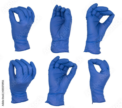 Hand wearing blue nitrile examination glove makes pinch gesture, with fingers pressed together. Various angles